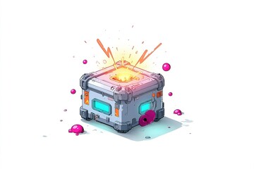 Poster - Mystical crate emits sparks and colorful orbs in a vibrant animated setting during a fantastical adventure