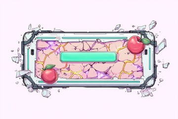 Poster - Creative digital artwork featuring a broken smartphone with cherries and vibrant colors in a playful setting