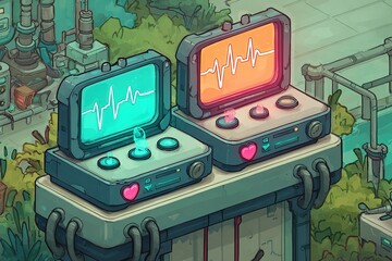 Poster - Interactive medical monitors display heart rates in a futuristic healthcare facility set in a vibrant environment