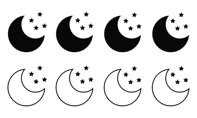 Fototapete - Moon and stars icon set. Simple crescent moon and stars icon fill and stroke symbol website graphic design. Flat style of the moon with stars icon isolated on white background. Vector illustration.