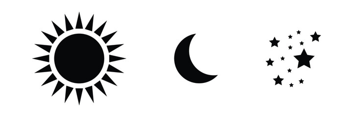 Poster - Sun, moon and stars icon. Simple crescent, sun and stars icon flat symbol website graphic design. Flat nature symbol isolated on white background. Vector illustration.