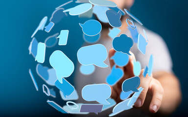 Aufkleber - Abstract image of a person interacting with a digital sphere of communication bubbles, representing social media, online chat, and global connectivity.