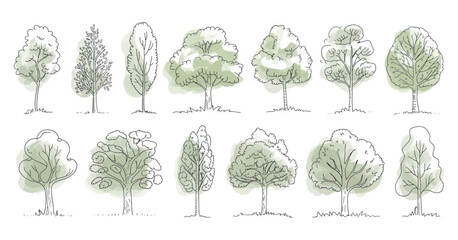 Poster - Set of Hand Drawn Trees with Watercolor Spots Different Shapes and Sizes Isolated on White Background Vector Illustration Doodle Style