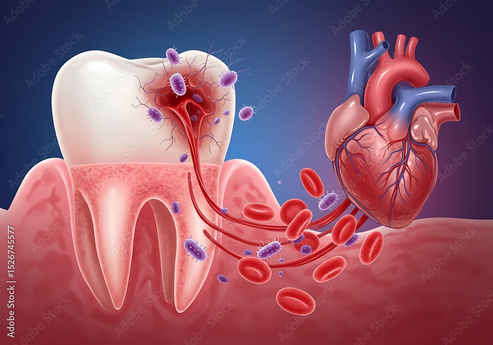 Red Tooth Heart Tooth infection spreading to heart via bloodstream illustration Stock ...