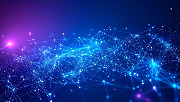 Abstract Digital Network Connecting Lines and Dots in Vibrant Blue and Purple
