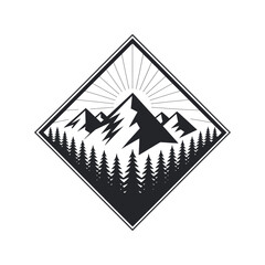 Aufkleber - Monochrome Mountain Range with Forest and Sun Rays in a Diamond Shape for Outdoor Adventure and Nature Enthusiasts Design Concept