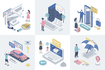 Aufkleber - Booking 3d isometry concept for web design. Collection set with isometric people searching and buying airline tickets, ordering taxi, hotel room or restaurant table in mobile app. Vector illustration.
