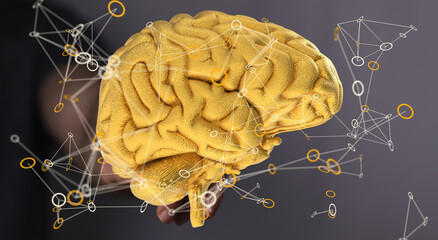 Aufkleber - Abstract image of a golden brain with interconnected nodes. Represents AI, neural networks, or brainpower.