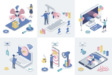 Aufkleber - Digital marketing 3d isometry concept for web design. Collection set with isometric people making online promotion, advertising targeting, business communication with clients. Vector illustration.