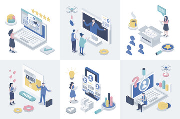 Fototapete - HR process 3d isometry concept for web design. Collection set with isometric people looking candidates for hiring, making job interview at vacancy, searching best online resume. Vector illustration.