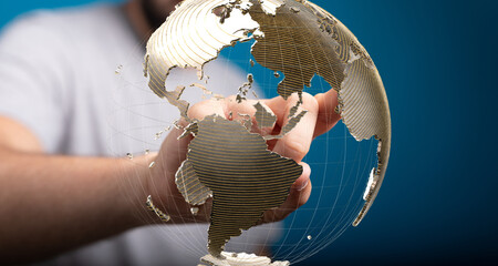 Leinwandbilder - High-quality image of a hand interacting with a digital globe, showcasing global connectivity and networking.