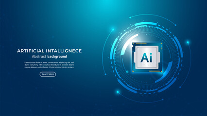 Fototapete - 3D AI processor chipset on a dark blue background. Future cybernetic artificial intelligence and AI Chips with neon light. Big data and deep learning technology concept. Vector illustration.