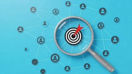 Poster - Magnifying glass focusing on target with red arrow and network of people icons on blue background
