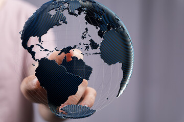 Aufkleber - High-quality stock photo of a hand interacting with a 3D model of the Earth, representing global connectivity and technology.