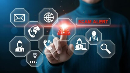 Poster - A person touching a digital screen with scam alert, email, and phone icons on a dark blue background