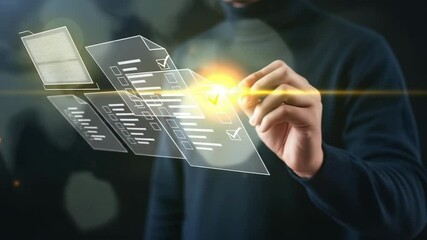 Poster - Person completing digital checklist with pen on transparent interface in dark setting