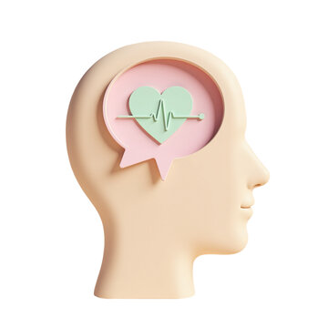 3D pastel head with heart and heartbeat.  Clean, modern design perfect for health, wellness, or mental health projects. Ideal for websites, presentations, and social media.