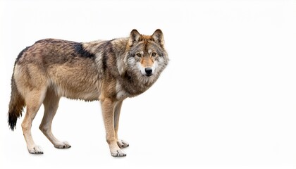  Majestic Gray Wolf Standing, Isolated White Background, Wild Canine