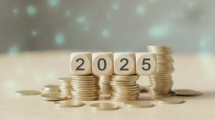 Poster - Wooden blocks displaying the year twenty twenty five on stacks of coins on a light surface