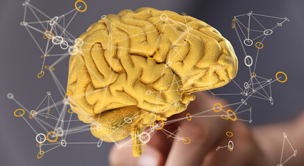 Aufkleber - Abstract image of a golden brain with interconnected nodes, representing neural networks and cognitive processes.