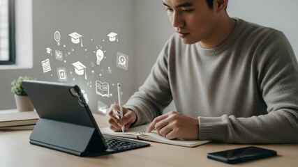 Aufkleber - A man studies with a tablet and notebook surrounded by education related digital icons on a desk indoors