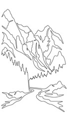 Fototapete - Continuous one line drawing  road leading to beautiful mountains. Mountain highway. Road going up. One continuous line isolated minimal vertical illustration.Not AI.