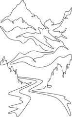 Fototapete - Continuous one line drawing  road leading to beautiful mountains. Mountain highway. Road going up. One continuous line isolated minimal vertical illustration.Not AI.