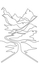 Fototapete - Continuous one line drawing  road leading to beautiful mountains. Mountain highway. Road going up. One continuous line isolated minimal vertical illustration.Not AI.