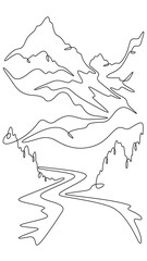 Fototapete - Continuous one line drawing  road leading to beautiful mountains. Mountain highway. Road going up. One continuous line isolated minimal vertical illustration.Not AI.