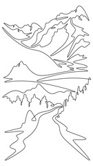 Fototapete - Continuous one line drawing  road leading to beautiful mountains. Mountain highway. Road going up. One continuous line isolated minimal vertical illustration.Not AI.