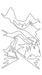 Fototapete - Continuous one line drawing  road leading to beautiful mountains. Mountain highway. Road going up. One continuous line isolated minimal vertical illustration.Not AI.