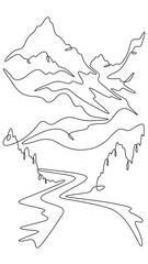 Fototapete - Continuous one line drawing  road leading to beautiful mountains. Mountain highway. Road going up. One continuous line isolated minimal vertical illustration.Not AI.