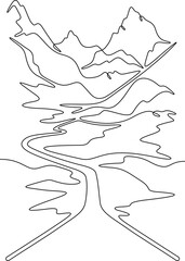 Fototapete - Continuous one line drawing  road leading to beautiful mountains. Mountain highway. Road going up. One continuous line isolated minimal vertical illustration.Not AI.