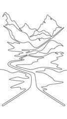 Fototapete - Continuous one line drawing  road leading to beautiful mountains. Mountain highway. Road going up. One continuous line isolated minimal vertical illustration.Not AI.
