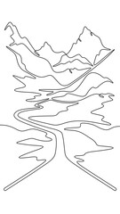 Fototapete - Continuous one line drawing  road leading to beautiful mountains. Mountain highway. Road going up. One continuous line isolated minimal vertical illustration.Not AI.