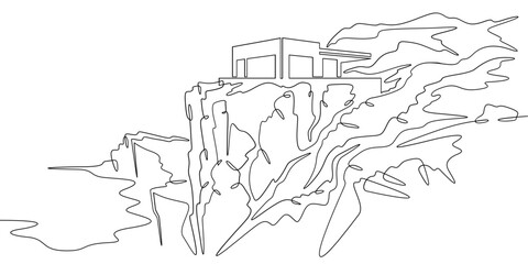 Fototapete - Continuous one line drawing Modern house on a cliff.House on the shore.Seascape.Rocky coast.One continuous line isolated minimal illustration.Not AI.