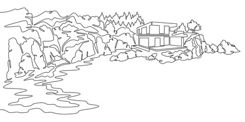 Fototapete - Continuous one line drawing Modern house on a cliff.House on the shore.Seascape.Rocky coast.One continuous line isolated minimal illustration.Not AI.