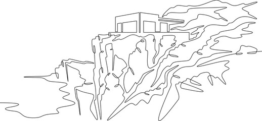 Fototapete - Continuous one line drawing Modern house on a cliff.House on the shore.Seascape.Rocky coast.One continuous line isolated minimal illustration.Not AI.