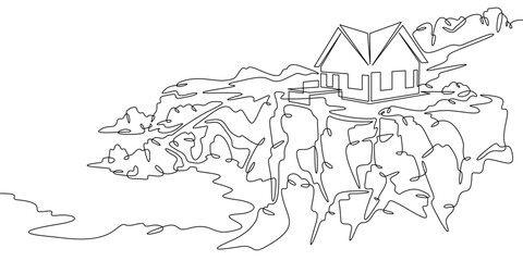 Fototapete - Continuous one line drawing Modern house on a cliff.House on the shore.Seascape.Rocky coast.One continuous line isolated minimal illustration.Not AI.