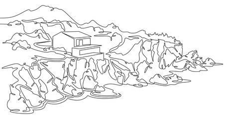Fototapete - Continuous one line drawing Modern house on a cliff.House on the shore.Seascape.Rocky coast.One continuous line isolated minimal illustration.Not AI.