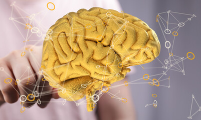 Aufkleber - Abstract image of a golden brain with glowing neural network connections.  Represents intelligence, AI, or innovation.