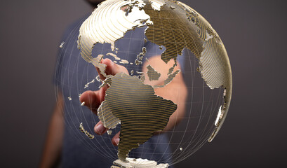 Poster - Abstract image of a hand interacting with a digital globe, representing global connectivity and networking.
