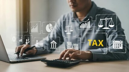 Poster - Man calculates taxes on laptop with calculator and graphic icons displayed above the desk surface