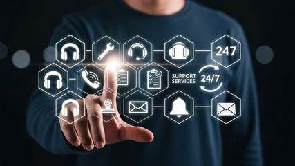Poster - Man touching virtual support service icons on a screen with wrench, headphones, and phone symbols