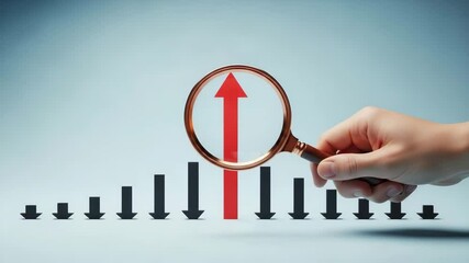 Aufkleber - A hand holding a magnifying glass over a red upward arrow and black downward arrows on a light background