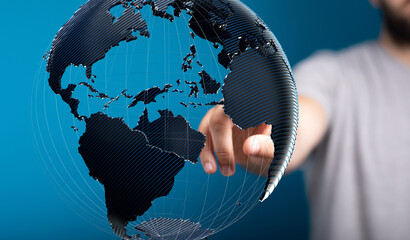 Aufkleber - High-quality stock photo of a hand interacting with a digital 3D globe, representing global connectivity and networking.