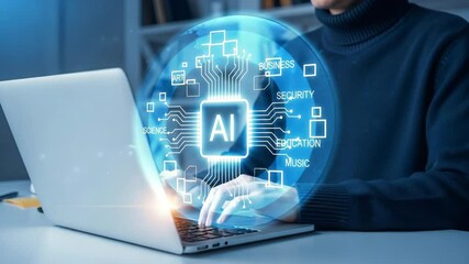 Poster - Person typing on laptop with ai graphic overlaying screen showing various applications of ai tech