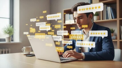 Poster - Man in suit typing on laptop surrounded by rating speech bubbles in a bright office setting indoors