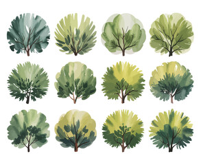 Poster - Watercolor Tree Collection Vector Illustration with Variety of Shapes and Shades of Green Perfect for Landscape Design and Nature Themed Projects