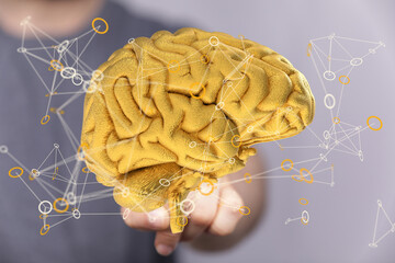 Aufkleber - 3D golden brain model, representing neural networks and interconnectedness. Ideal for AI, technology, and neuroscience concepts.